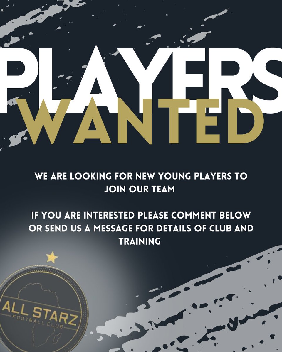 PLAYERS WANTED ‼️ We are looking for new young players to join our team, please message if you’re interested to find out about our training session tonight 👏🏻 #allstarz @KCFL1516 @matchark_uk @findaplayer @PTeamfinder