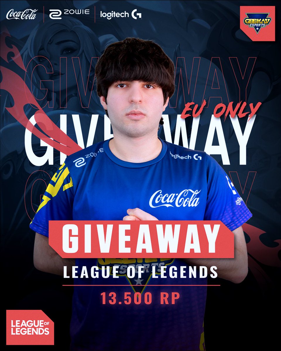Giyuu_lol's tweet image. 13500 RP CODE GIVEAWAY ‼️

TO ENTER:

- Follow
@Giyuu_lol 
@Geekay_Esports

- Like &amp;amp; Retweet
- Tag 3 Friends

🔴Ends on: February 10

#GK_FTW #LeagueOfLegends