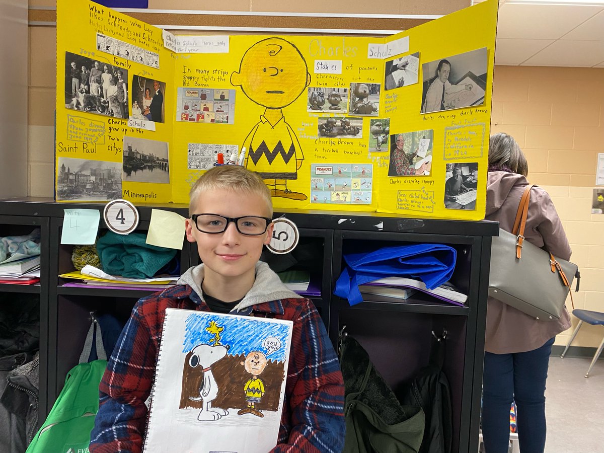 HSSD's tweet image. From Yo-Yo Ma to Charlie Brown, Meadowbrook 4th graders researched historical figures and presented their new knowledge to families and staff during the annual Living Wax Museum! #AuthenticLearning #InnovativeProgramming