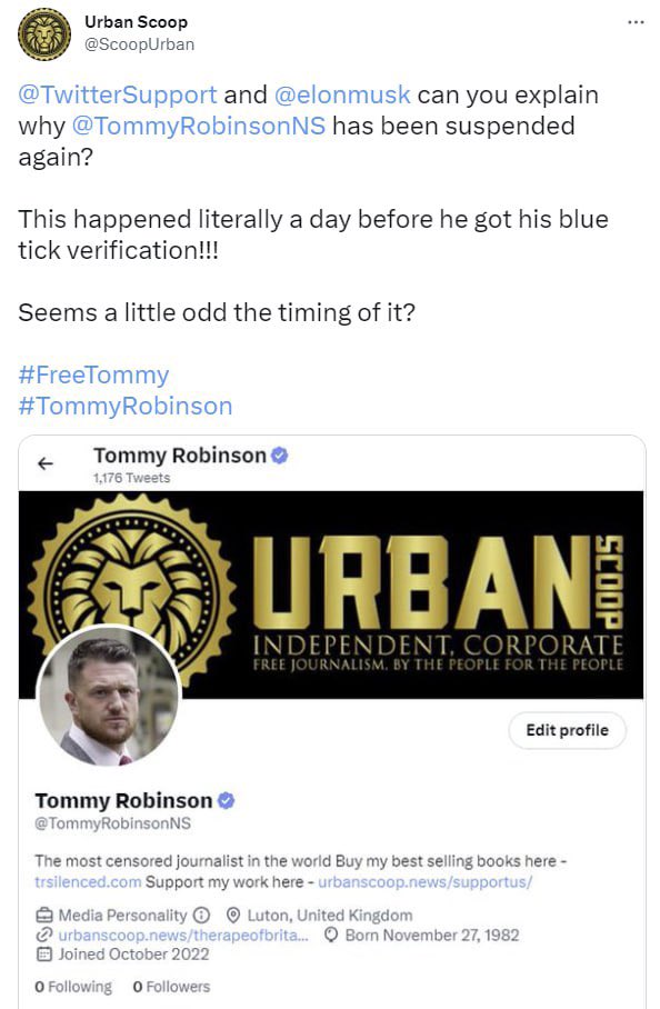 @TwitterSupport @elonmusk 

Why blue tick verify only to suspend…AGAIN?! 🤷🏼‍♀️🤦🏼‍♀️ Make it make sense.  #FreeTommy #TommyRobinson #Now