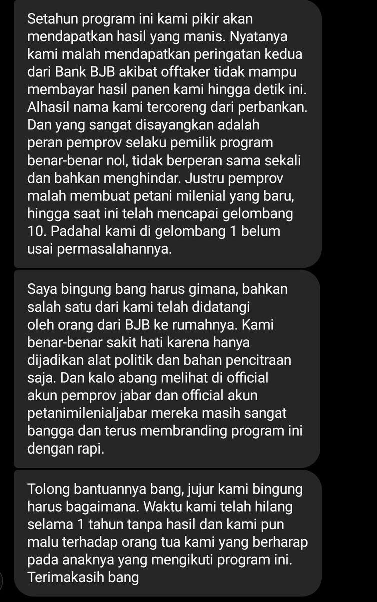 Selamat malam pak Gubernur <a href="/ridwankamil/">Ridwan Kamil</a> izin meneruskan keluhan warga anda yg laporan ke DM saya karena udah hopeless gak tau mau kemana lagi cari solusi atas kerugian yg dialami akibat mengikuti program Petani Milenial yg anda gagas. Silakan ditindaklanjuti dan beri jalan keluar