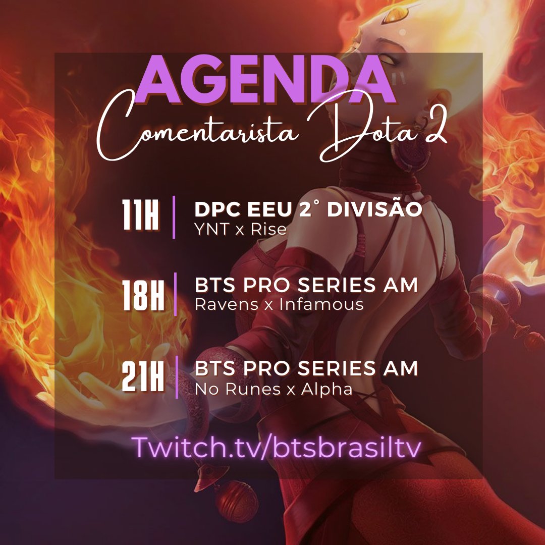 Hoje o dia é cheio e vamos de 3 séries pra vocês acompanharem comigo 😌 

👉 11H - DPC EEU 2° divisão: twitch.tv/btsbrasilgames 

👉 18H e 21H - BTS PRO Series #14 Américas: twitch.tv/btsbrasilespor…

#dota2 #dpc #BTSProSeries