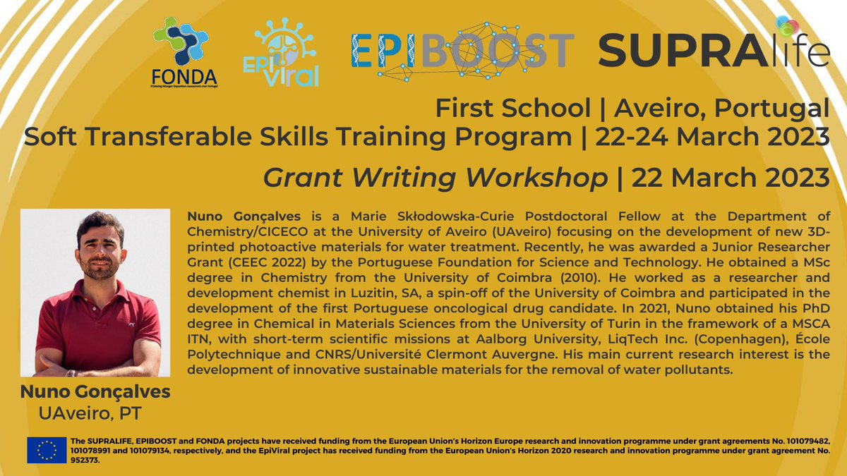 🗣️ Nuno Gonçalves, @MSCA #PostdoctoralFellow @ciceco_ua at the @UnivAveiro 🇵🇹 is an invited speaker @#FirstSchool #grant #writing workshop (March 22).

Nuno will share his own experience & valuable tips for writing a competitive #MSCA #Postdoctoral #Fellowship proposal!

Join us!