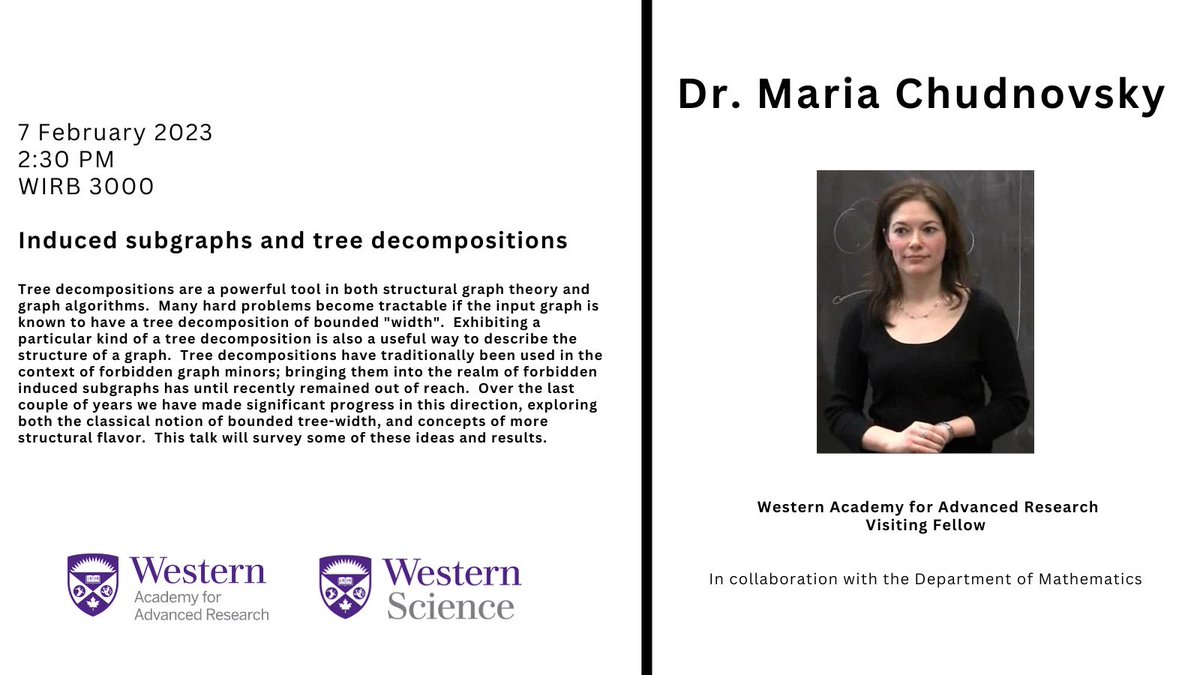 World-renowned mathematician Dr. Maria Chudnovsky will be joining us next week! #WesternU #Princeton #graphtheory #neuralnetworks @westernumath @westernuScience @VPRWesternU @_mullerlab @JanMinac