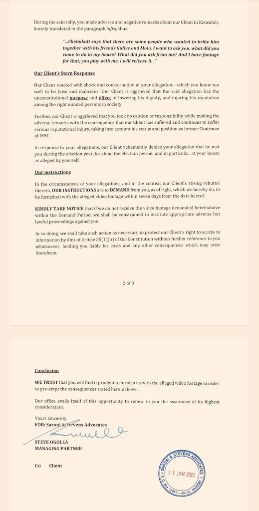 Wafula Chebukati has sent a demand letter to Raila Odinga demanding to be furnished with a video footage showing Chebukati visiting Raila's home to demand for bribes.