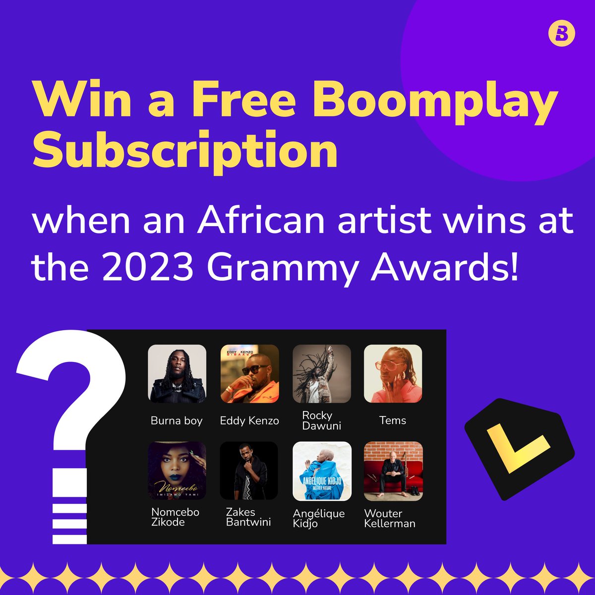 BoomplayGhana's tweet photo. Cheer on our African stars nominated for the 65th Grammy Awards! Who will bring home the awards🥁?
To celebrate this feat of our African superstars, we'll be giving away free daily subscriptions to Boombuddies upon the announcement of any African artist winning their category🔥. https://t.co/u5YLtU79gv