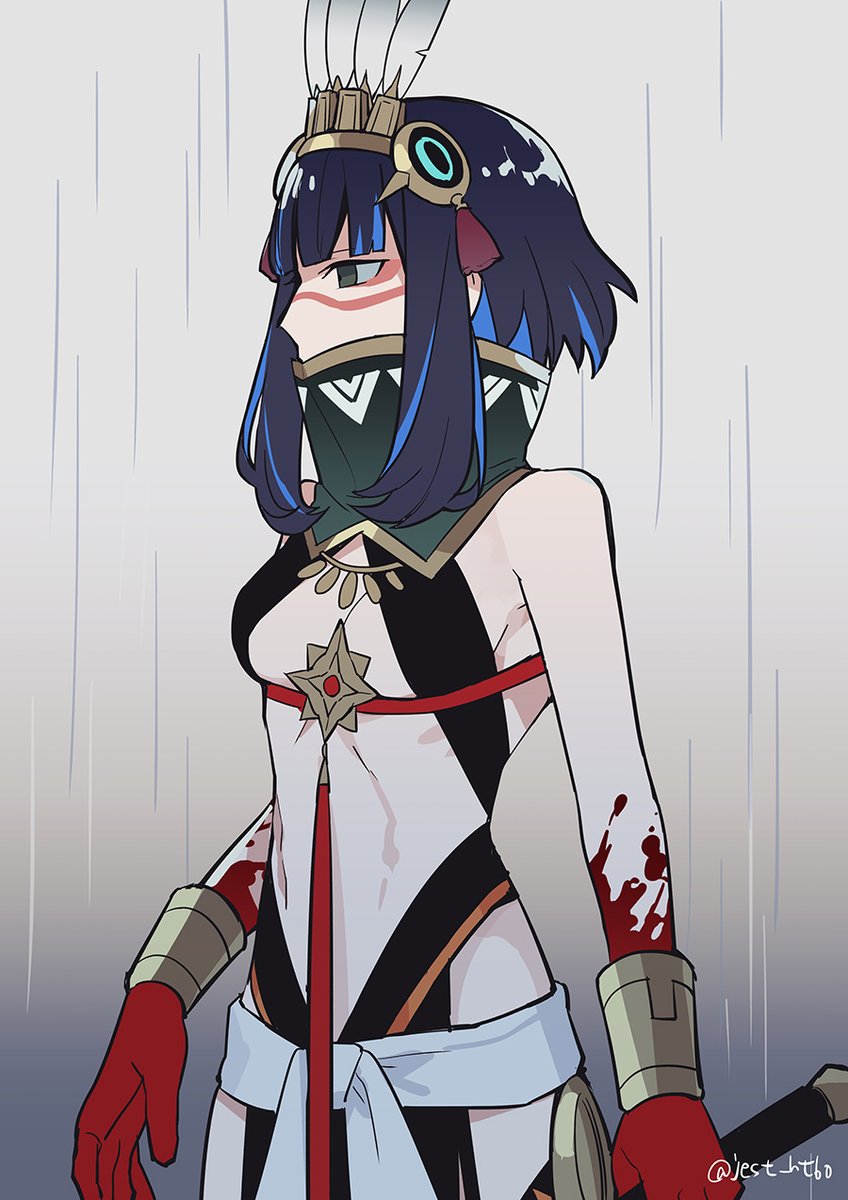 1girl bangs black hair blood blue hair breasts feathers  illustration images