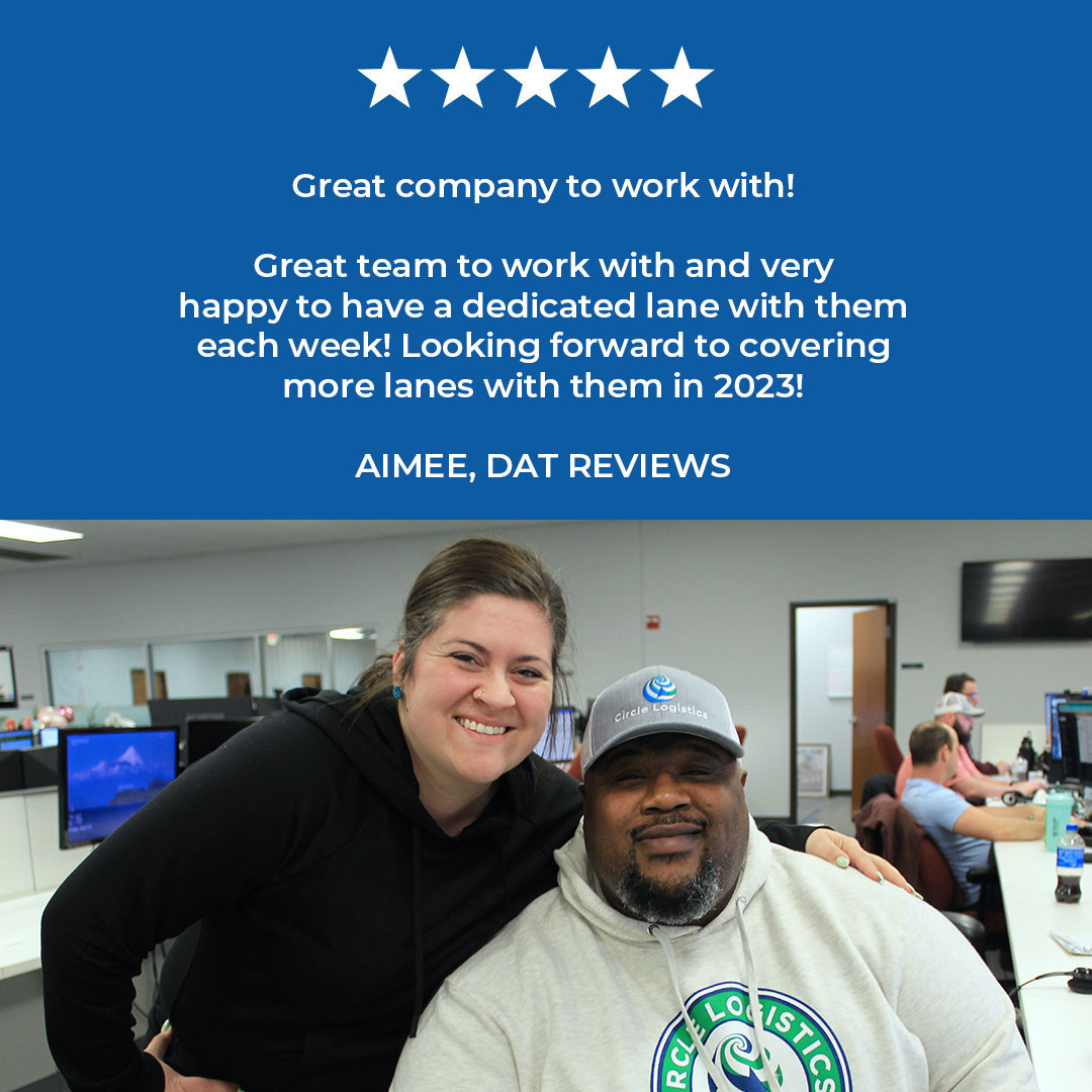 Thank you, Aimee! 

We value our dedicated drivers that deliver for us time and time again. It's relationships like these that allow us to deliver on our promise of no fail service!

#circlelogistics #5star #circledelivers #logistics #transportationsolutions