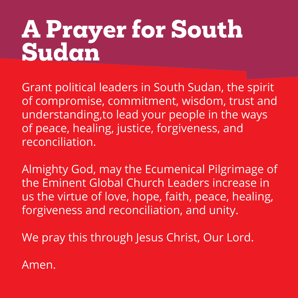 🙏 A prayer for South Sudan as @JustinWelby, <a href="/churchmoderator/">Rt Rev Rosie Frew</a> and <a href="/Pontifex/">Pope Leo XIV</a> make their Pilgrimage of Peace to stand in solidarity with the people of South Sudan in their search for peace, reconciliation and justice.