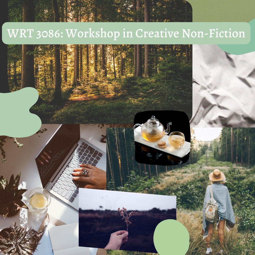 OUWRT's tweet image. A mood board for WRT 3086: Workshop in Creative Nonfiction✨

Are you taking this class this semester? Or have you taken this class previously? Tell us what you’re working  on or why you loved this course in the comments! 

#thisisou #rhetcomp #creativewriting #writing