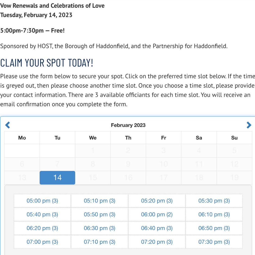 host08033's tweet image. ❤️On February 14th from 5:00 - 7:30 PM, the Haddonfield Outdoor Sculpture Trust is hosting its 5th annual Vow Renewal Ceremonies for Valentine's Day.❤️

At the Heart of Haddonfield in Kings Court, community members can sign up to renew their vows to commemorate their love.