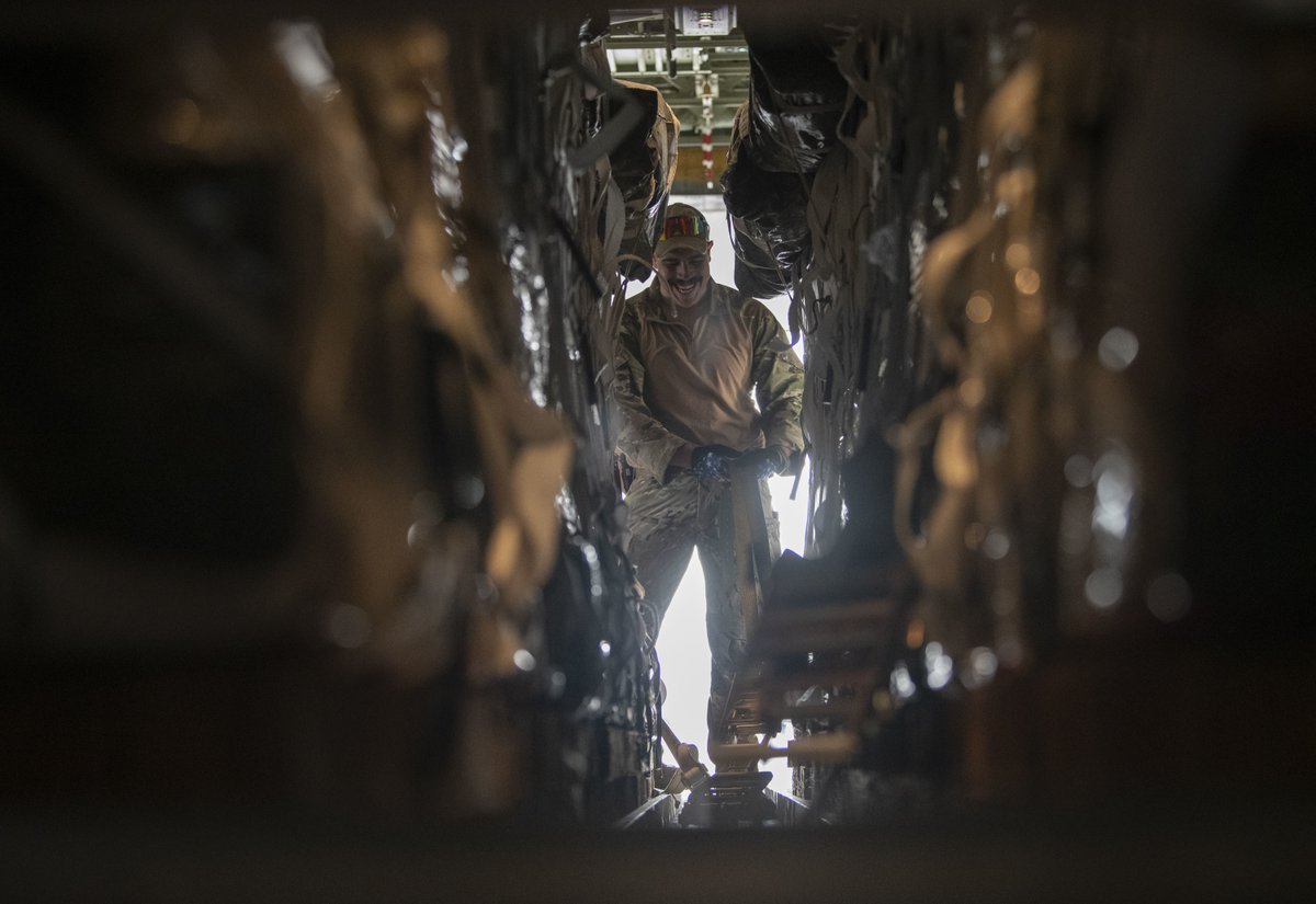 USAFCENT's tweet photo. “Whether it’s pallets of equipment, humvees, personnel, life-saving food, water or blood—moving cargo is a prominent part of day-to-day missions”

Read how an airlift squadron delivers life-saving supplies https://t.co/lF6sit6Poo

 @CENTCOM @386thAEW #Prevail #C130J #loadmaster https://t.co/8uLsiuueCy