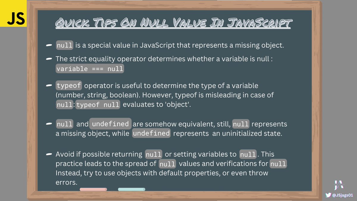JSjags01's tweet image. The null value in JavaScript can be very confusing, here's some tips I put together about the null value.
#webdevelopment #javascript #jsquicktips
