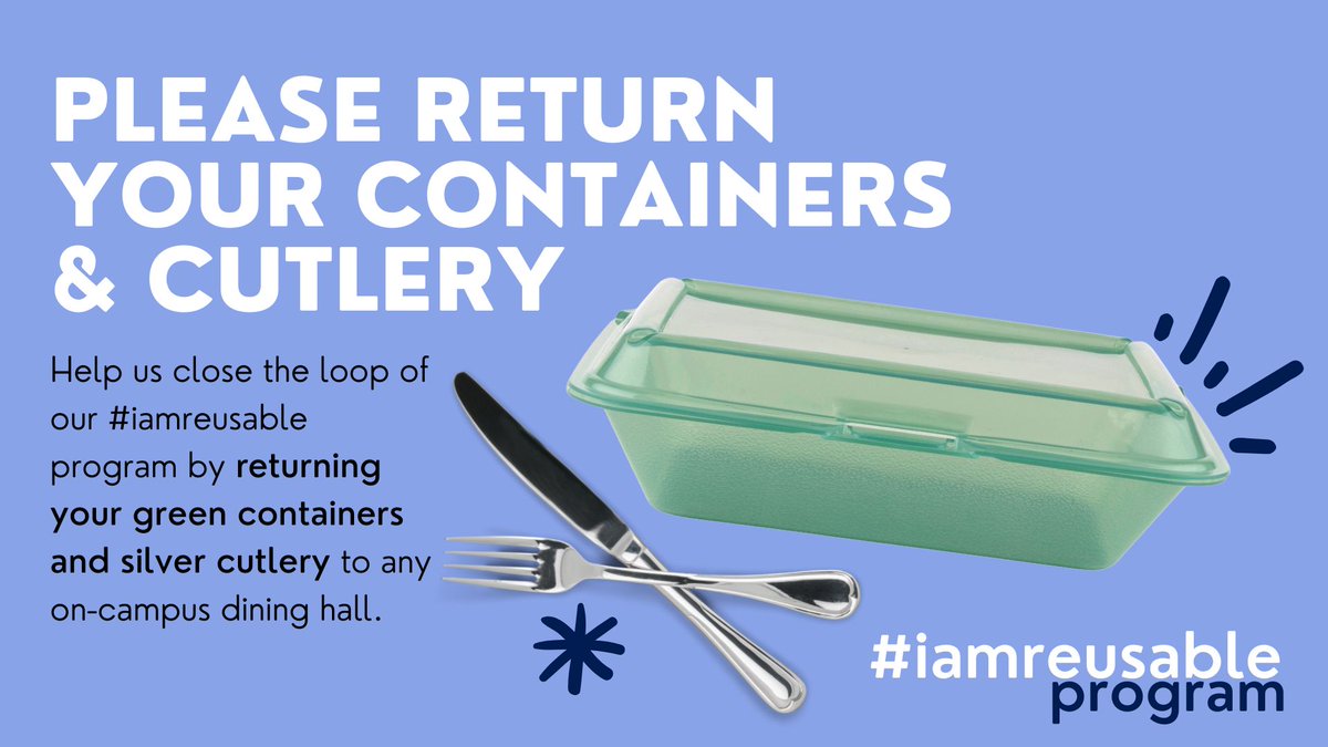 HospitalityUofG's tweet photo. In order to #ChooseToReuse, we need to have reusables to choose - please return any #IAmReusable green containers and cutlery to our dining halls.

Returned containers will be washed, sanitized, and then put out to be used again in our #IAmReusable program. https://t.co/a041AFosoE