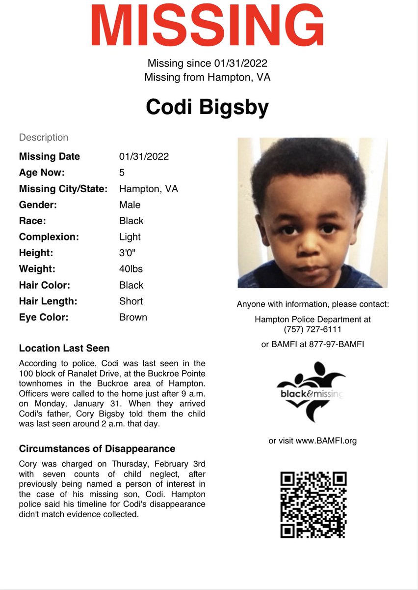 BAM_FI's tweet image. #Hampton, #Virginia: Today makes 1 year since Codi Bigsby was reported missing. 

Someone must know something that can help us find Codi.

#HelpUsFindUs #CodiBigsby #Virginia