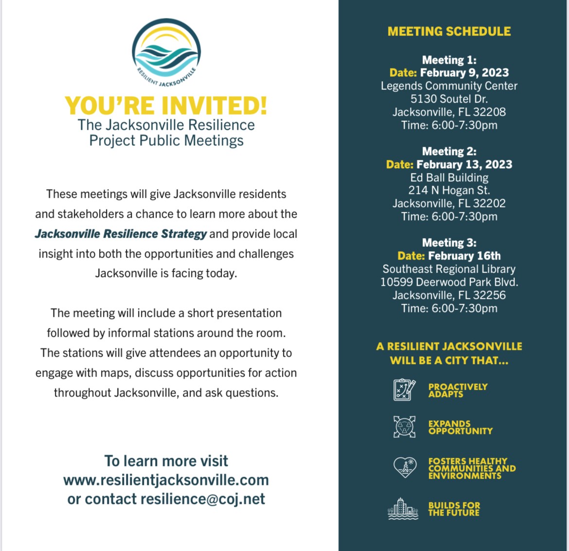 CityofJax's tweet image. You're invited! There will be 3 Jacksonville Resilience Project Public Meetings scheduled next month. Residents and stakeholders can learn more about the Jacksonville Resilience Strategy an discuss opportunities for action throughout Jacksonville.  Hope to see you there!