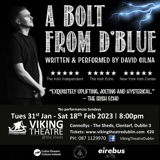 Delighted to be back home in me beloved Dublin for the next three weeks with my play ‘A Bolt From D’Blue’ <a href="/Viking_Theatre/">Viking Theatre</a> We Open Tonight ya talented souls 🎭 @TakeYourSeatsIE 

Thanks a Thousand to <a href="/culture_ireland/">Culture_Ireland</a> for your support in my tour across America.