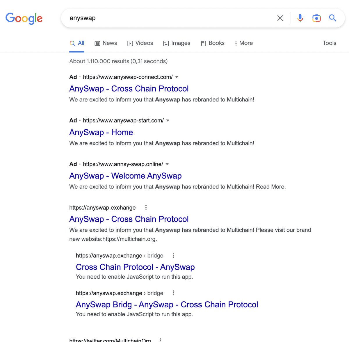 Trugard_Labs's tweet photo. 3 #crypto #phishing ads right on top of each other targeting exchange formerly known as @AnyswapNetwork now @MultichainOrg  👀🎣💰🤦‍♂️

@sniko_ @malwrhunterteam @Mesiagh @CryptoPhishing  #crypto_sec #info_sec https://t.co/MwA7fdr6OH