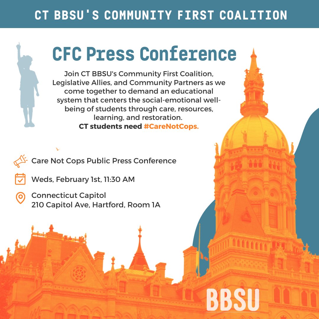 Tomorrow: It's time to organize for police-free schools!

The #CommunityFirstCoalition will be hosting a #CareNotCops Press Conference at the Capitol on February 1st.  

11:30 AM | Hartford Capitol, 210 Capitol Ave, Room 1A