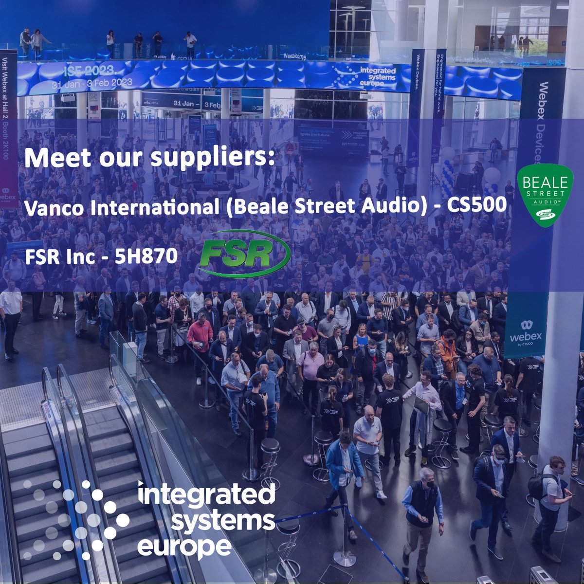 Dizzyfish's tweet photo. Anyone at #ISE in Barcelona head along to to chat to Chaz and the team at  @FSR_Inc and Brandon and the team @Vanco1AV booths - numbers in the image - we wanna see your photos! https://t.co/gXlltQ8D6o
