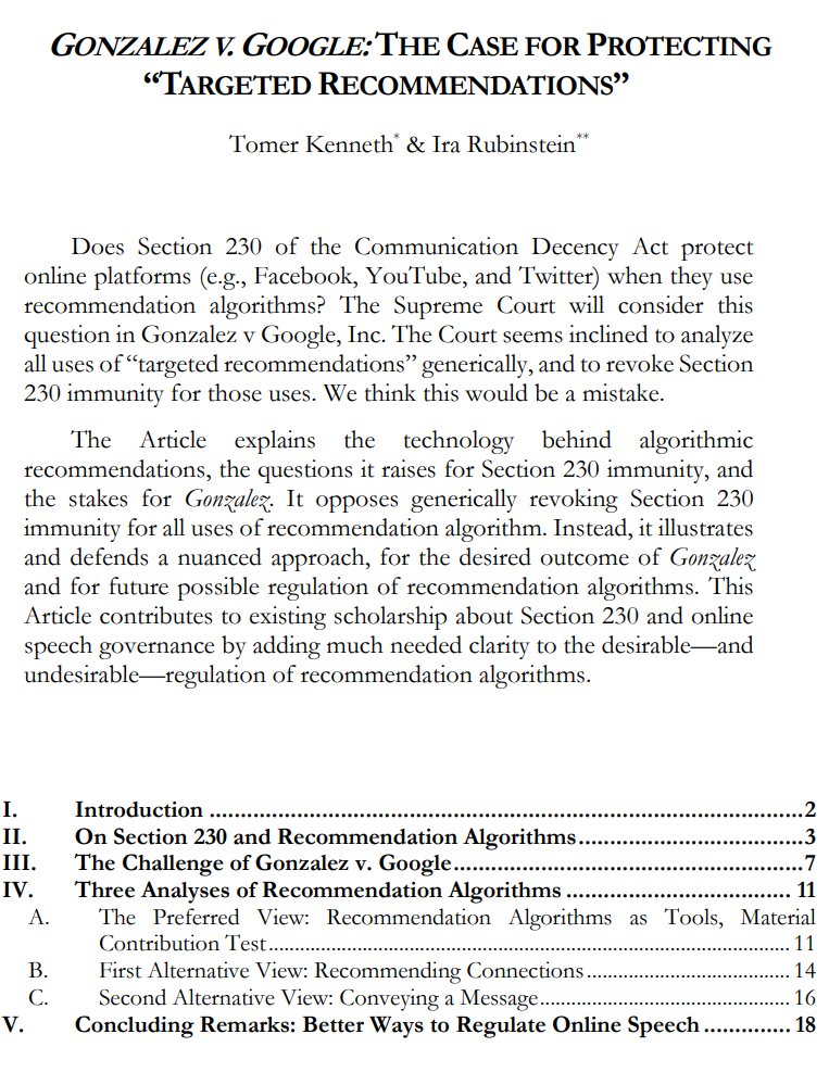 Tomer Kenneth (@tomerkenneth) on Twitter photo They say #SCOTUS will break the internet in #Gonzalez v Google.
In a new paper, forthcoming <a href="/DukeLawJournal/">Duke Law Journal</a> Online, we say it's a bad idea
We explain what recommendation algorithms are, what S. 230 has to say about them, & how best to regulate platforms' use of such algorithms They say #SCOTUS will break the internet in #Gonzalez v Google.
In a new paper, forthcoming <a href="/DukeLawJournal/">Duke Law Journal</a> Online, we say it's a bad idea
We explain what recommendation algorithms are, what S. 230 has to say about them, & how best to regulate platforms' use of such algorithms