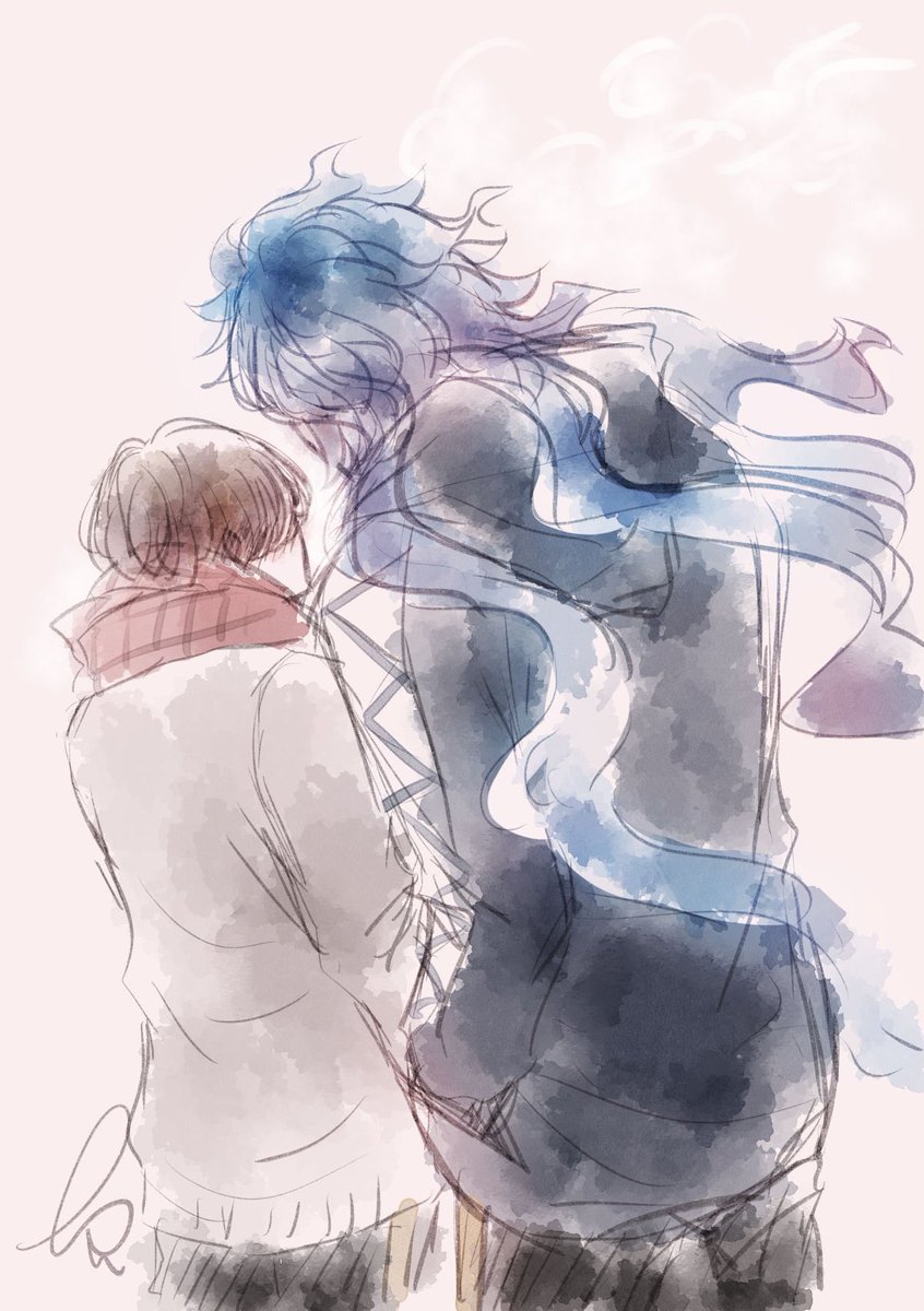 1boy 1girl long hair blue hair hetero scarf short hair  illustration images