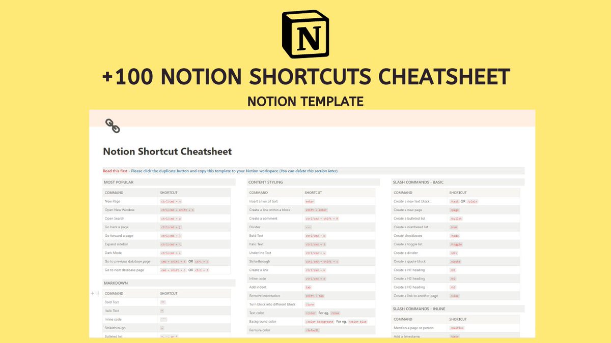 🚨ANNOUNCEMENT🚨

I have built a FREE Notion Shortcuts Cheatsheet. 

Boost your productivity and become a shortcut ninja with this 100+ Shortcuts Cheatsheet for <a href="/NotionHQ/">Notion</a>.

Reply 👋 below &amp; retweet, and I will DM you the link!

(Must be following)
