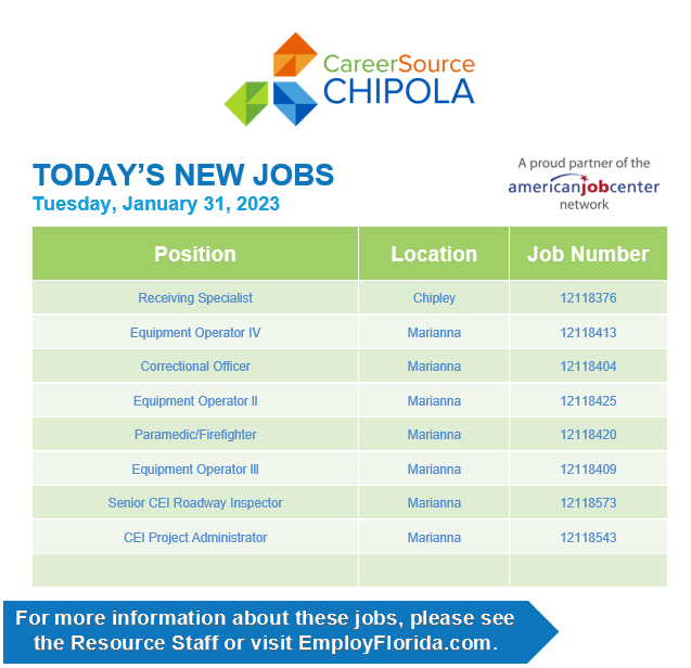 🚨New Jobs Alert • Tuesday, January 31, 2023

🔍Find 👇THESE👇 positions and ✨MORE✨ at {employflorida.com} - Be sure to register as a job seeker to apply for positions. 📞Call us for more information - 850.633.4419.

#careersourcechipola #EmployFlorida #CSCWorks