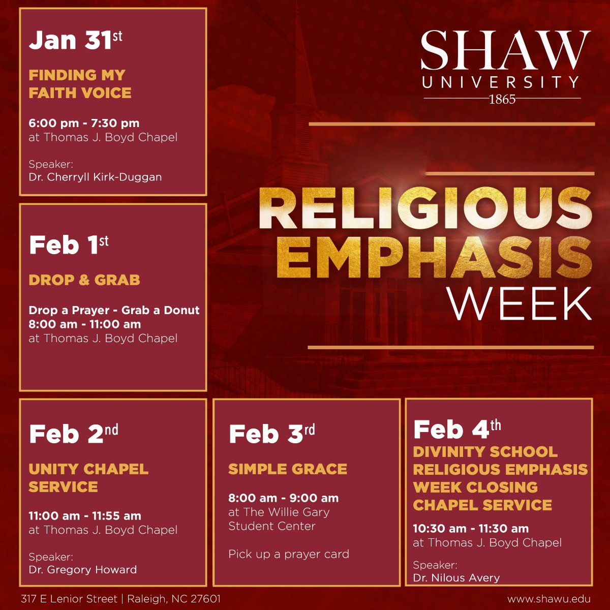 #ShawUBears, Religious Emphasis Week kicks off TONIGHT with 'Finding my Faith Voice.' Be sure to come out and attend all the events we have planned this week!