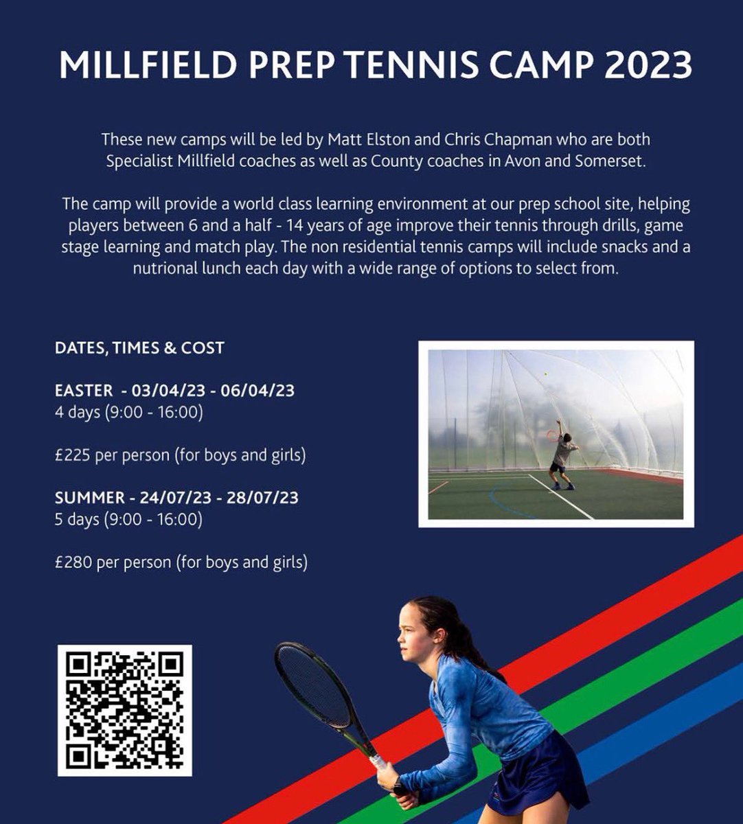 🚨Easter Tennis Camps🚨 🔴Camps lead by specialist Millfield and County coaches 🟢Age - 6.5-14 years old 🔵Book on now before it’s too late! Link below: millfieldenterprises.com/courses-and-ac… @SomersetLTA @AvonTennisUK @MillfieldSport @millfieldtennis @MillfieldEnts