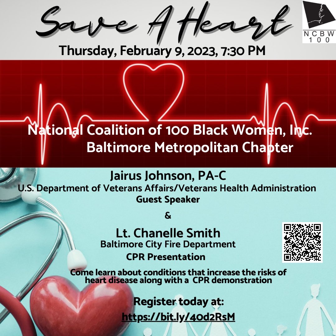 ncbw_bmc's tweet photo. Join us on Thursday, February 9, 2023 at 7:30 pm on zoom! Let's “Save a Heart” by learning more about heart health! #hearthealth #ncbw100 #baltimore #hearthealthmonth❤️ ( https://t.co/y697e86FK6 ) https://t.co/z6MQ86j7Hs