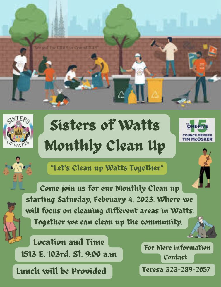 Come out this Saturday 2/4/23 and help <a href="/sistersofwatts/">sisters of watts</a> clean up #Watts