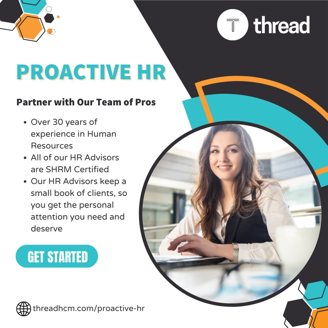 ThreadHCM's tweet image. Partner with our pros and perfect your people plan! 

With ProActive HR we are here to help you feel confident and look good to your team. We proactively work with you to stay ahead of the game and prevent problems before they happen. 

#ProActiveHR #HR #Consulting