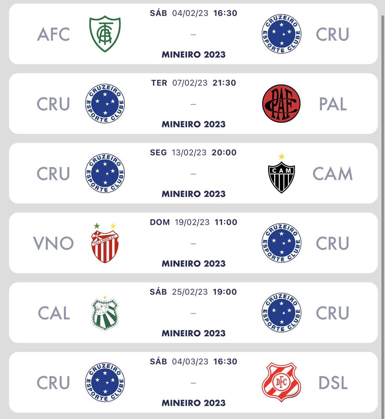 Agenda: confira os próximos jogos do Cruzeiro