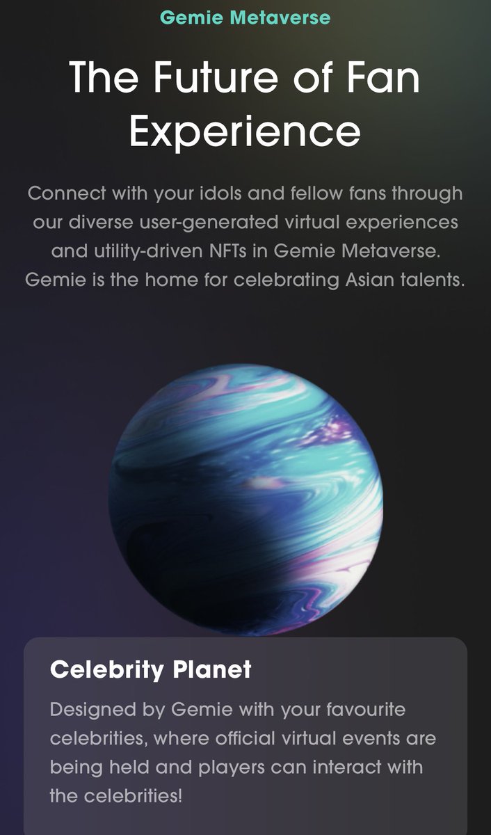 bworker_eth's tweet photo. $Gem : #Gemie Make your fan art into NFTs, start and customize a fan planet, interact with celebs at virtual events &amp; collect unique utility-focused NFTs - the only platform dedicated to Asian entertainment fan culture! #Metaverse #NFTs #GameFi #AsianEntertainment #kucoingem https://t.co/G5UmrF9TVA