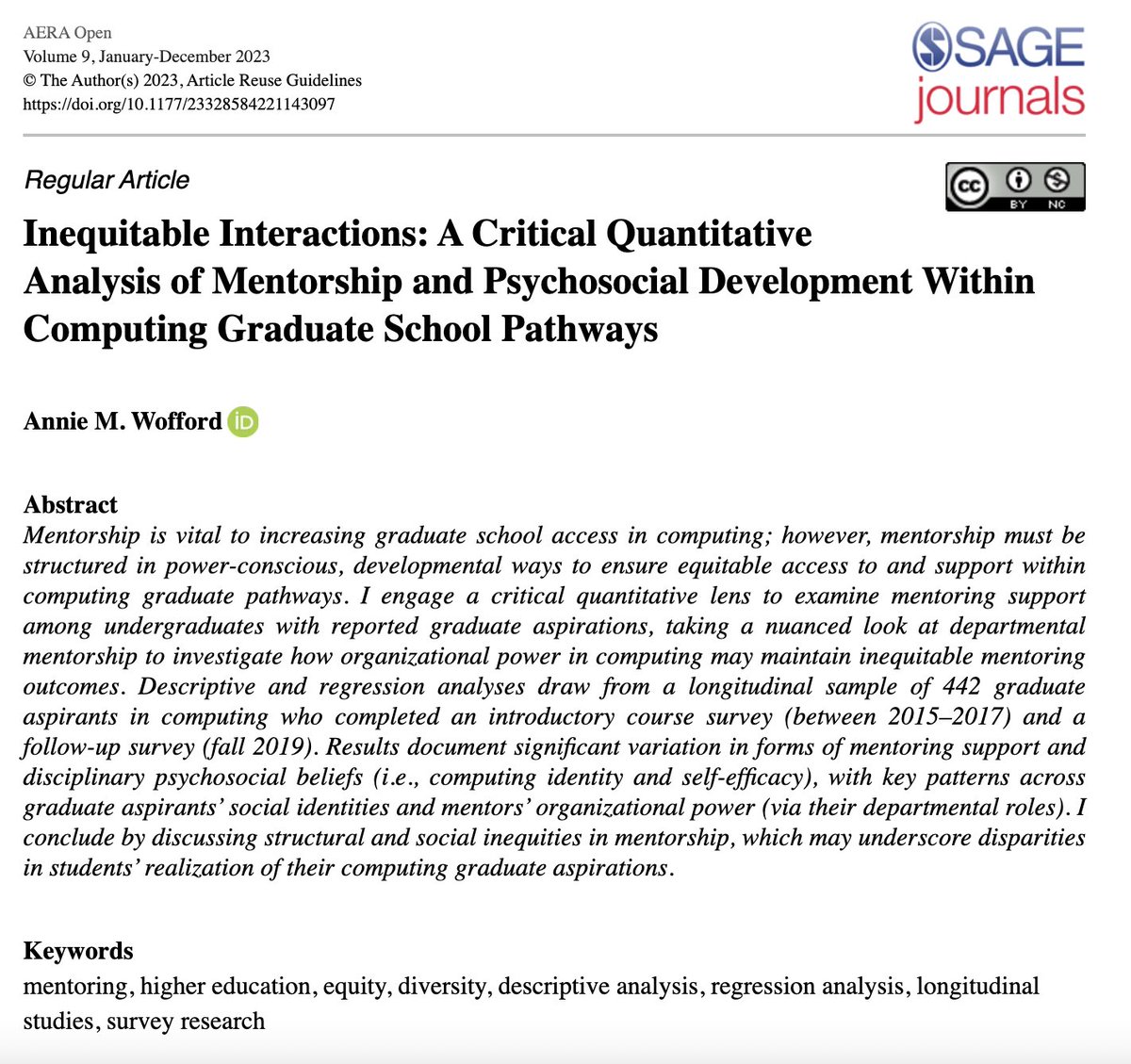 🔔 NEW PUBLICATION!🔔 So thrilled to see this work in the (open access!) pages of @AeraOpen.

“Inequitable Interactions: A Critical Quantitative Analysis of Mentorship and Psychosocial Development Within Computing Graduate School Pathways” — now here: doi.org/10.1177/233285…

1/4