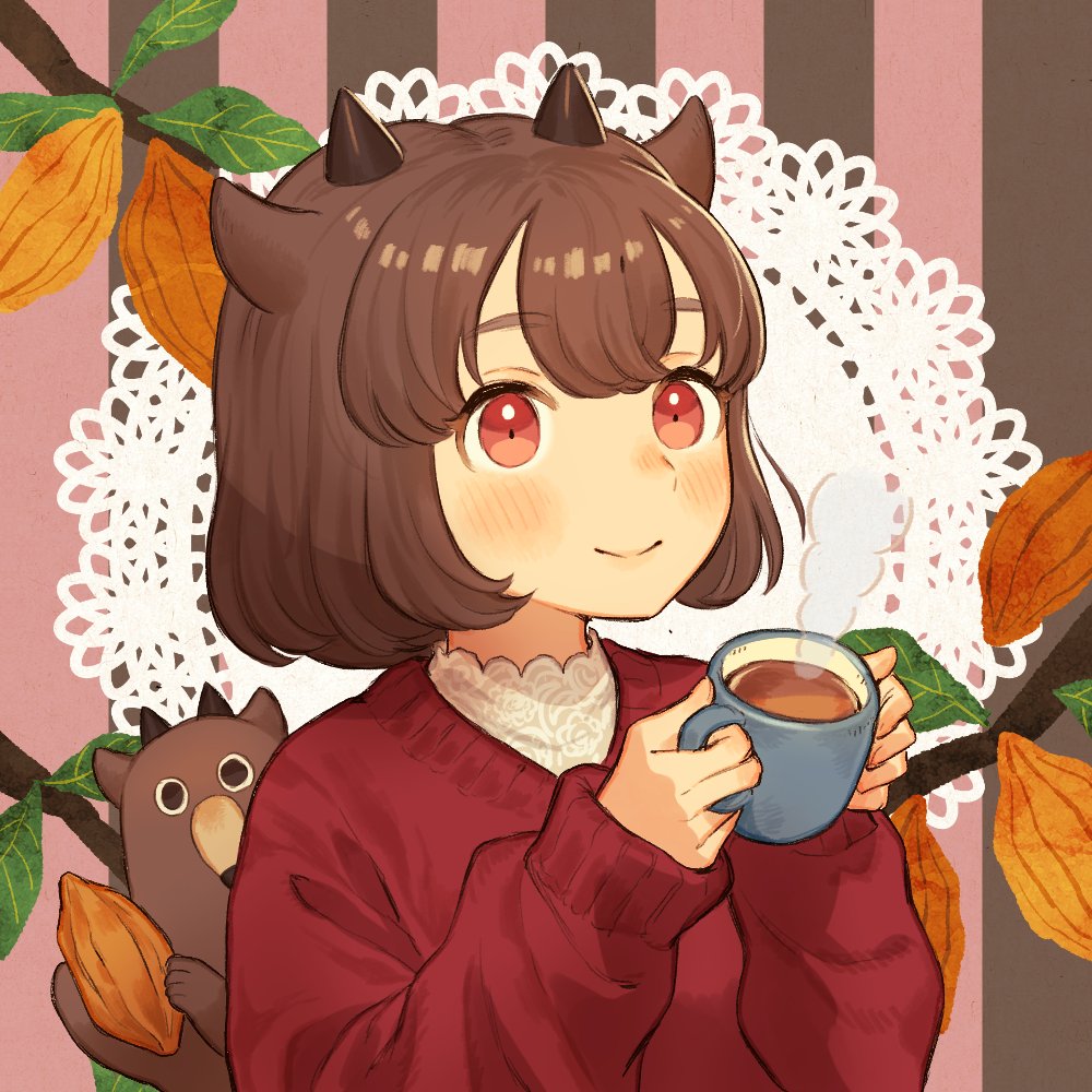 1girl brown hair short hair cup red eyes smile holding  illustration images