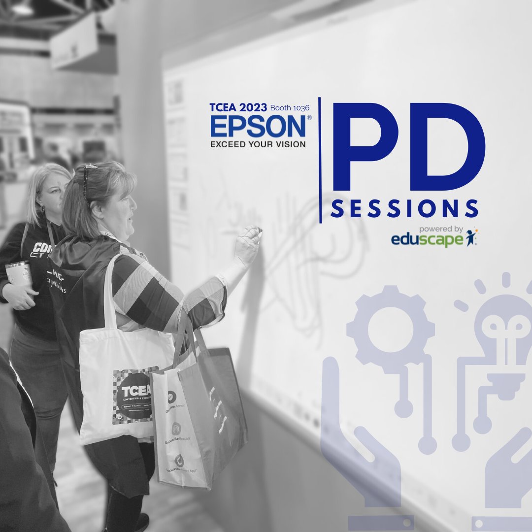 We are at #TCEA23! Join us at the @EpsonAmerica Booth #1036 where we will be leading a series of Epson BrightLink PD sessions to inspire engaged learning. #RethinkLearning #Epson #PD #ProfessionalDevelopment #educators #edTech #education #educationaltechnology @tcea