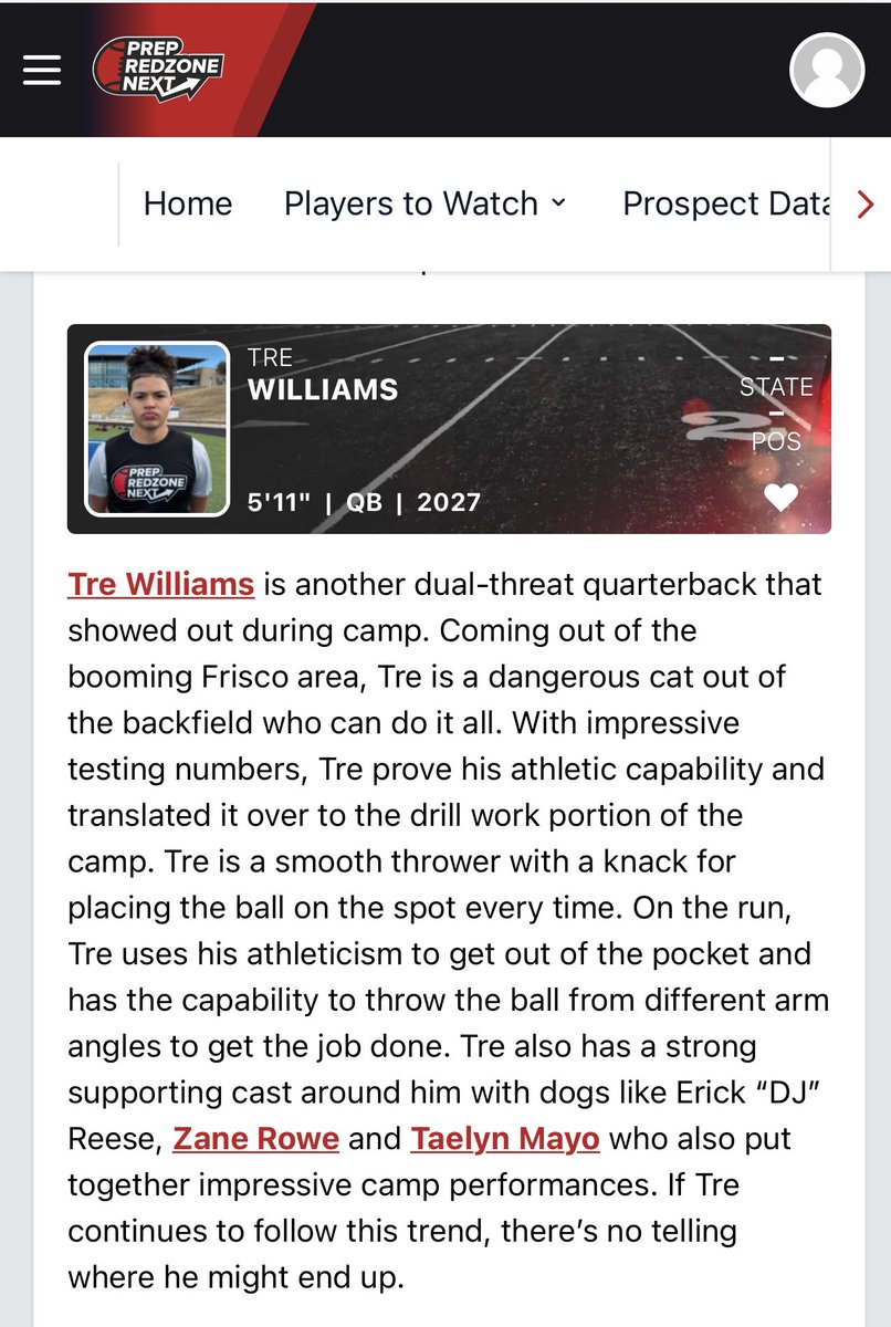 Tr3Williams's tweet image. Thank you @PrepRedzone for the write up and selection to QB 1st Team All Camp. Continuing the off season grind. 
@mannyshow84 @DamianDevon @3dqb_SoCal @DontonioKeshon @AlPopsFootball @247Sports @Rivals @QBHitList 

prepredzone.com/2023/01/prz-ne…