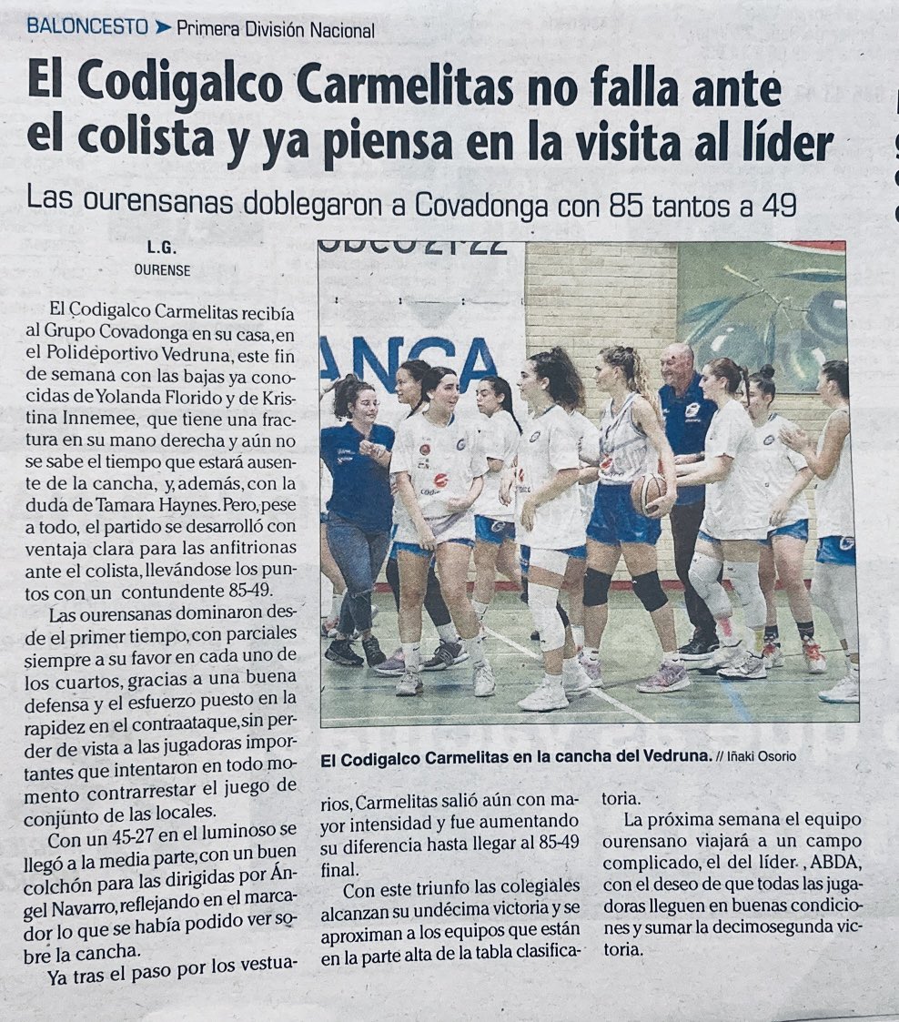 ccvedrunaou's tweet photo. 🗞️PRENSA | El Codigalco Carmelitas no falla ante el colista y ya piensa en la visita al líder
@Farodevigo #prensaCCV #SFACCV #1DNF https://t.co/bawmz8Muoa