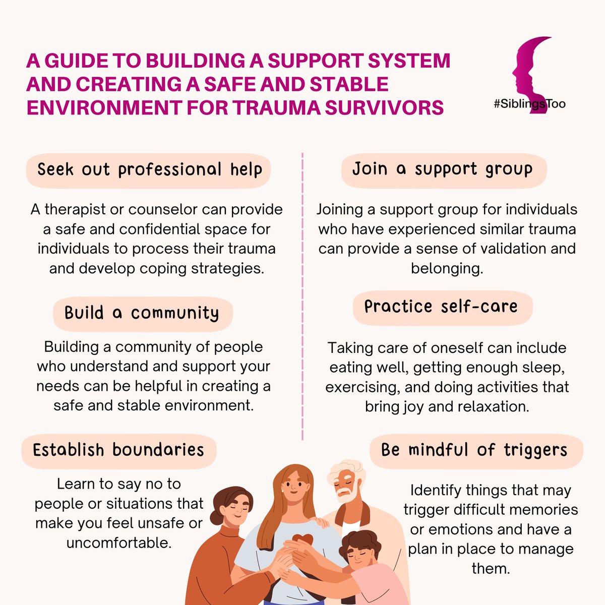 Building a support system and creating a safe and stable environment for trauma survivors can take time and effort, but it is an important step in the recovery process. 

Resource: webmd.com/mental-health/…

#SiblingsToo #notchildsplay #SSA #SSAresearch