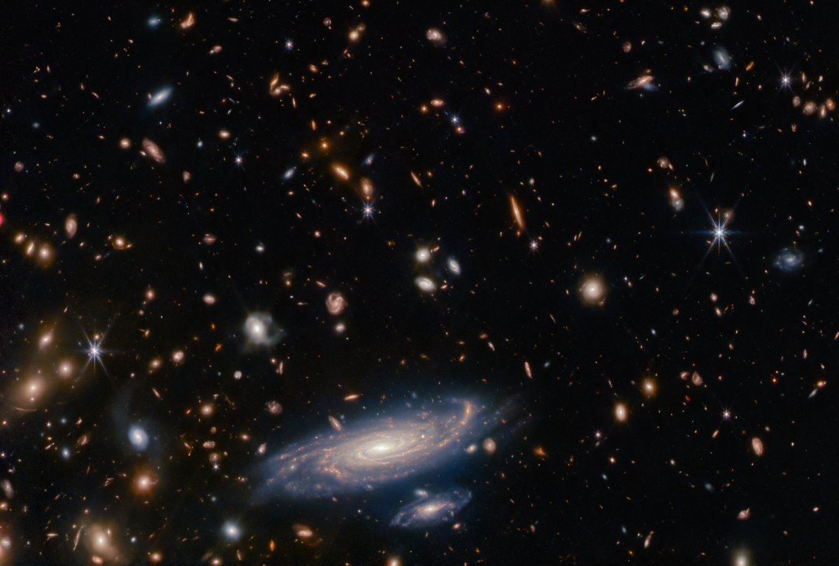 Welcome to Galactic Park 🦕 Taken during instrument calibration, this image helped test Webb's ability to dig up galactic 'fossils.' Ancient galaxies are so far that as space expands, their light has stretched into infrared wavelengths — Webb's specialty. esawebb.org/images/potm230…