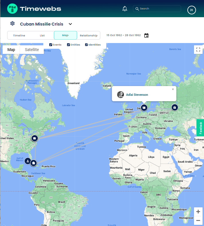 Timewebs's tweet photo. New maps connections feature! Now, we've added support for viewing connections between locations, based on sequence of events or direct relationships. #geotemporal #geospatial  #visualization #maps #Geography #timeline https://t.co/kBOujNSxDH