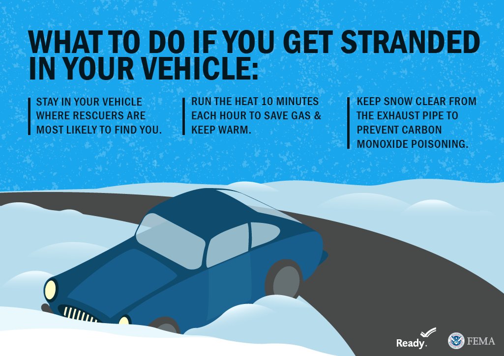 Readygov's tweet photo. Safety tips if your vehicle gets stuck during a snowstorm:

🔹 Stay in the vehicle!
🔹 Run the heat 10 minutes each hour.
🔹 Clear snow from the exhaust pipe.
🔹 After snow stops falling, raise the hood to indicate you need help.

More via @NWS: https://t.co/2z8zLS3Fs4 https://t.co/NV8SrDOnSq