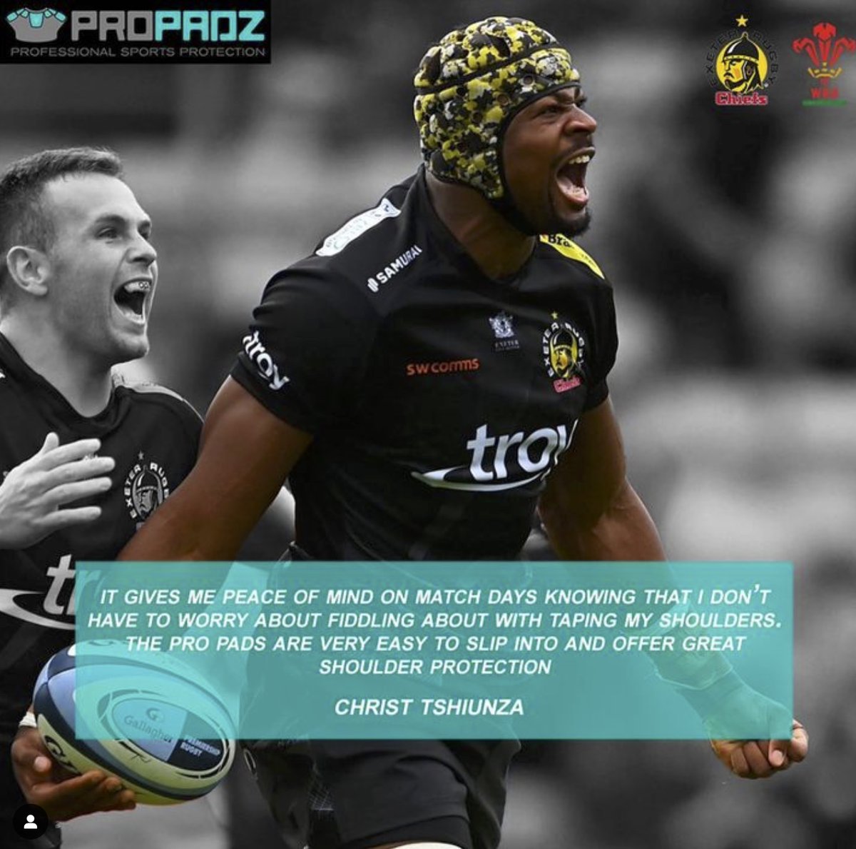 Next up in our Pro reviews is <a href="/christtshiunzaa/">Christ Tshiunza</a> who having a great season for Exeter &amp; Wales. 🙌🏽
‘It gives me great peace of mind on match day knowing I don’t have to waste time fiddling about with taping my shoulders. PROPADZ are very easy to slip into and offer great protection’