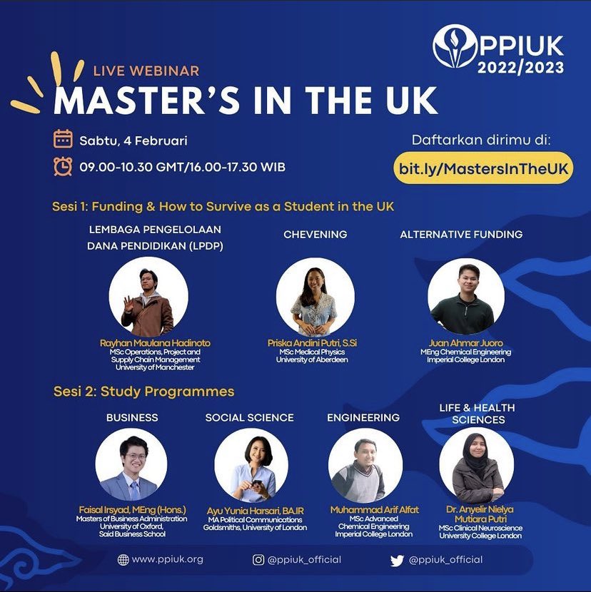 Hello there, folks! Attend @PPIUKofficial Master's in the UK Webinar on February 4th, 2023, at 9 am GMT / 16 WIB if you're considering furthering your education in the United Kingdom. That’s too good to pass up! To sign up, please click here: bit.ly/MastersInTheUK