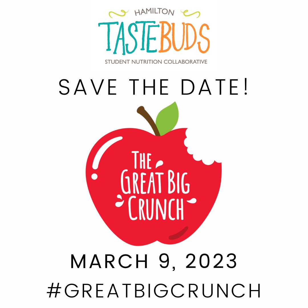 #GreatBigCrunch is back!#HamOnt schools are invited to celebrate Nutrition Month by crunching an🍎non-Tastebuds schools, corporate groups, and community members can participate too!

Register online: forms.office.com/r/YBuAAgePyZ  
Deadline to Register: February 10th, 2023 at 11:59pm