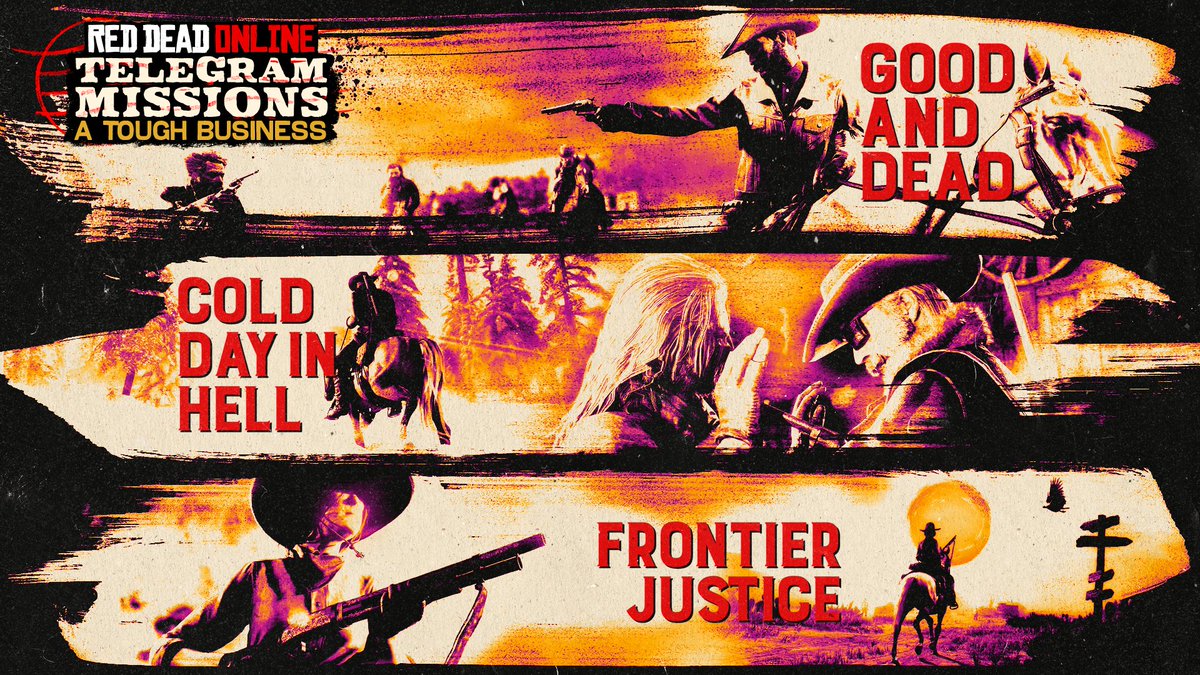 RockstarGames's tweet photo. Take on a Free Aim only challenge against highly skilled enemies in Hardcore Telegram missions and get Triple Rewards. 

Plus, 2X RDO$ and XP for completing the Trade Route Free Roam event, and more this month in Red Dead Online: https://t.co/3KSQDiJ2tD https://t.co/1QPMKRxNeL
