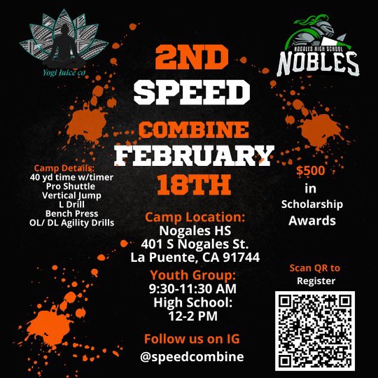 raw_yogijuice20's tweet image. Excited to hand out a scholarship for this Speed Combine for the fastest 40 yd time! Register today w/ the QR code! #speedcombine