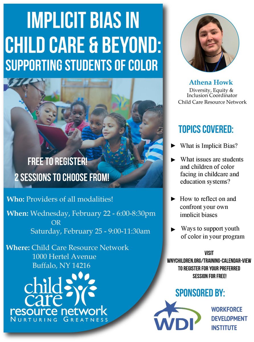 WNYChildren's tweet photo. CCRN &amp; WDI present Implicit Bias in Child Care &amp; Beyond!

How can you best support students of color in your program? This training is designed to bring awareness to the subject of Implicit Racial Bias in the field of child care.
https://t.co/pI0HfRk2Sn https://t.co/DdmlJioVcC